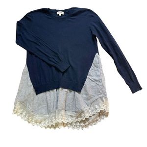 Medium - Women's UMGEE Navy Blue Sweater with Striped Shirt Lace Hem Style A1636